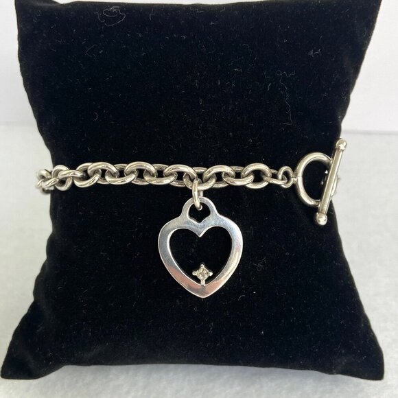 Solid Sterling Silver 925 UD Diamond Chip Heart Charm Cable Chain Bracelet 7.25" - Picture 3 of 16